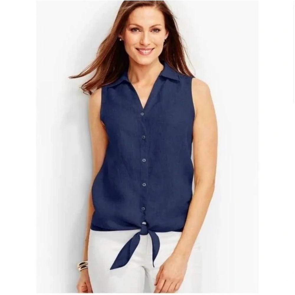 TALBOTS 100% Linen Navy Blue Sleeveless Tie-Front Blouse Top Size MP